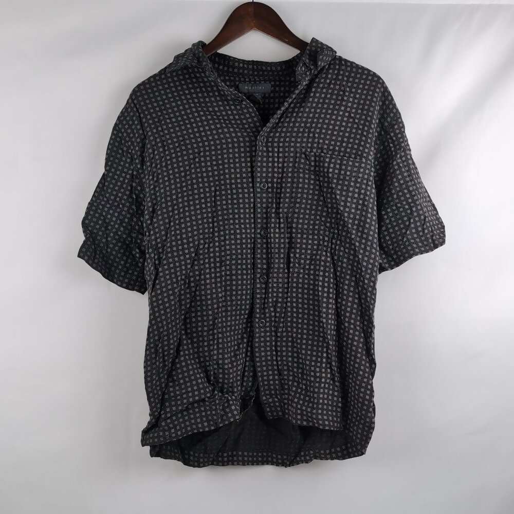 Mantles Men's Black Grey Short Sleeve Button Up Shirt SILK Cotton Pocket, Medium